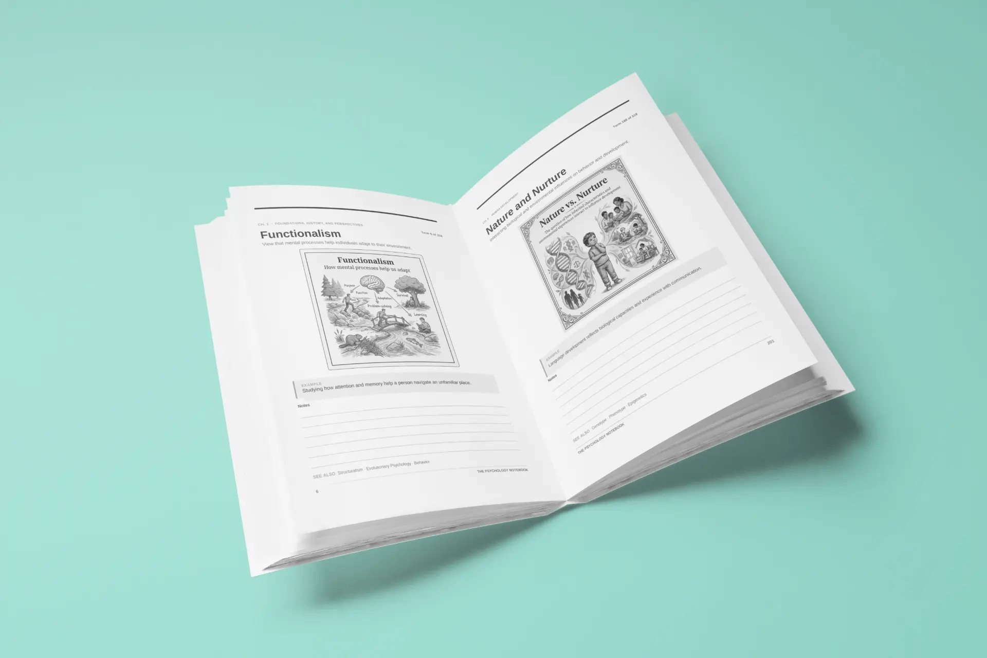 Angled view of the open psychology notebook and its black-and-white interior
