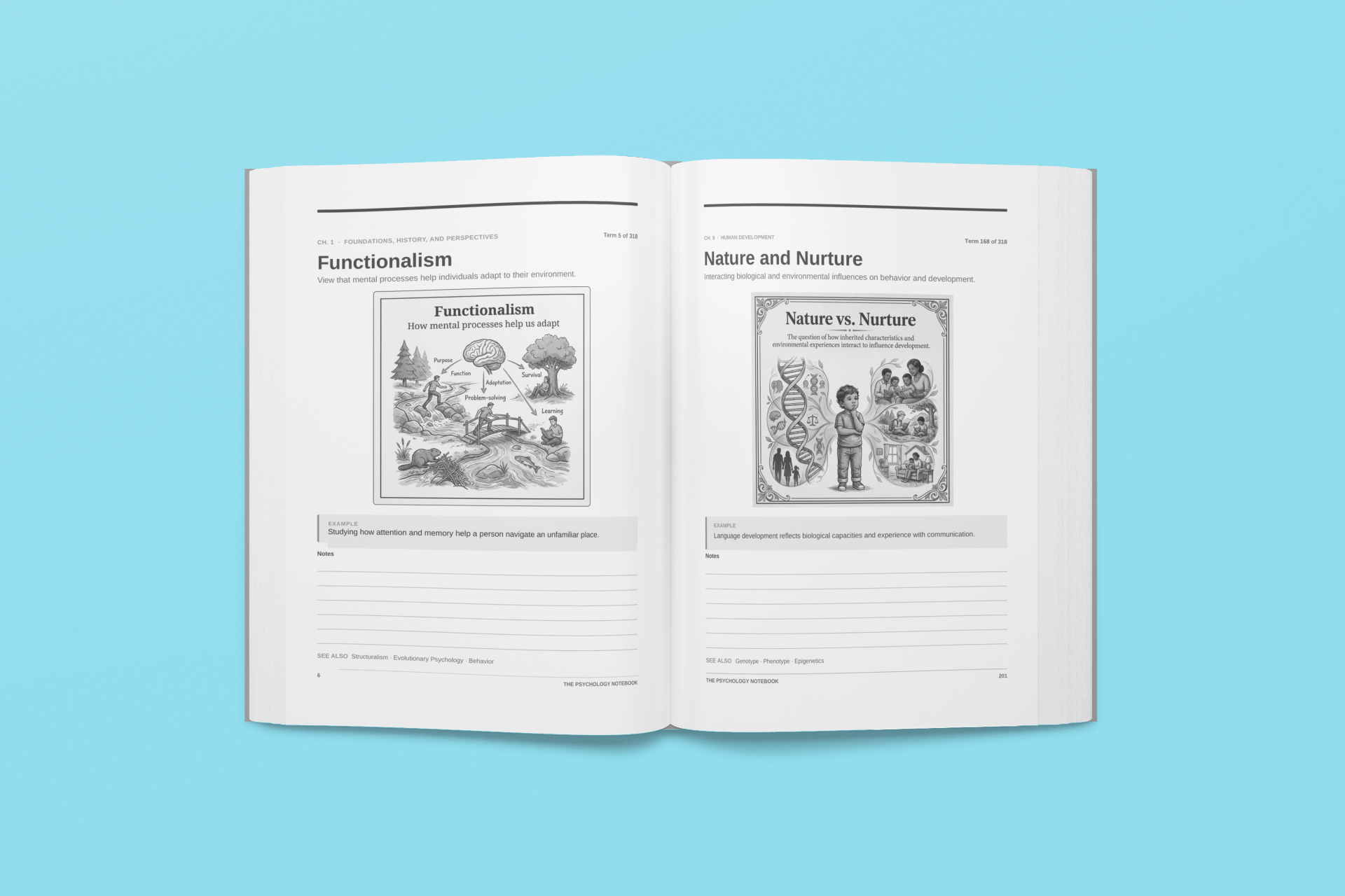 Open notebook showing illustrated Functionalism and Nature and Nurture pages with space for notes